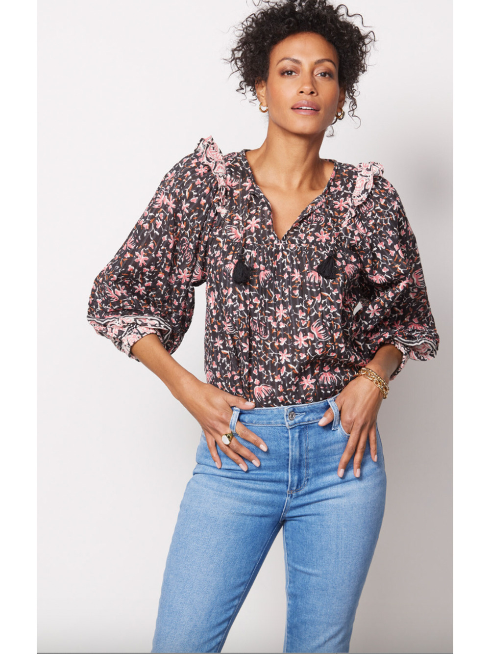 CLEOBELLA NWT Evereve Brynlee Black Pink Org Cotton Metallic Print Blouse // XS